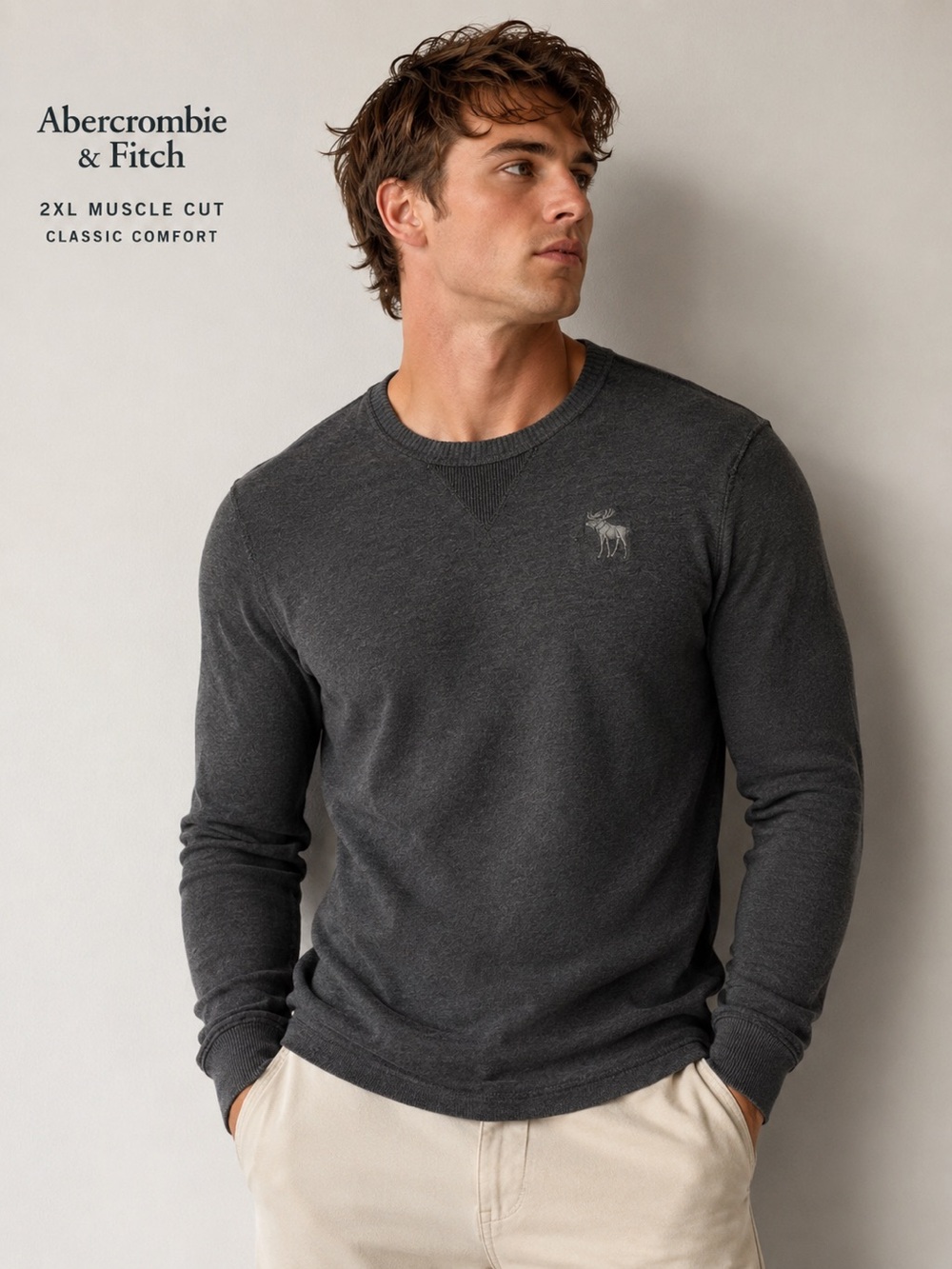 Abercrombie & Fitch XXL Gray Crewneck Sweater Moose Logo Raw Hem